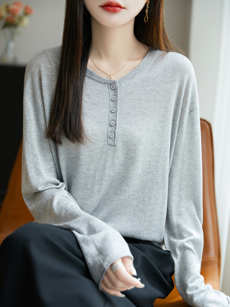 Button Half-Open Round Neck Lyocell Knitted Blouse, Feminine, Versatile, Lazy Style, Thin, Slightly See-Through Long-Sleeved Top