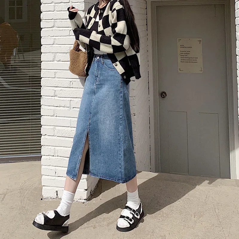 Factory Denim Skirt Women's Spring and Summer New Arrival High Waist Split A- Shaped Slim Covering Half-length Skirt Mid-length Ins Trendy