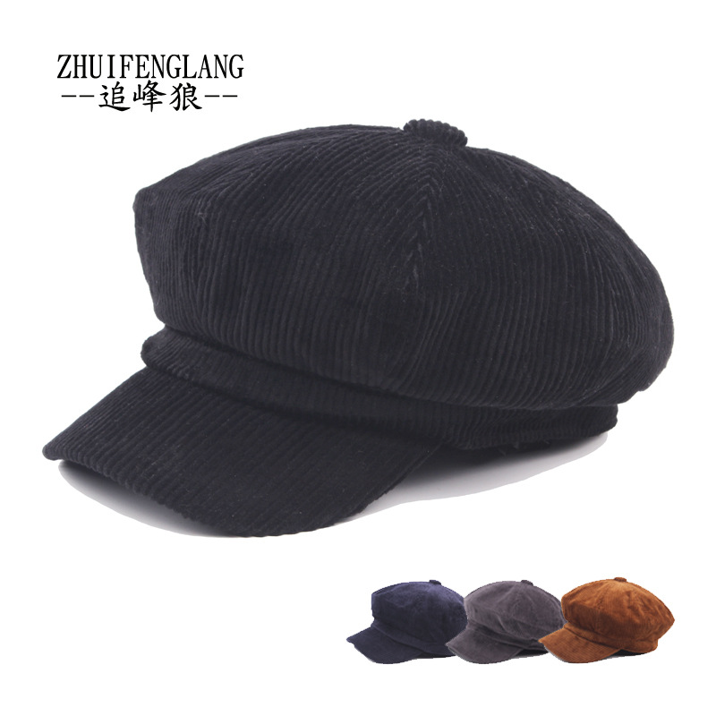 Corduroy Japanese Pure Cotton Octagonal Cap Men's and Women's Autumn and Winter Vintage Painter Cap Warm Peaked Cap Bailey Hat