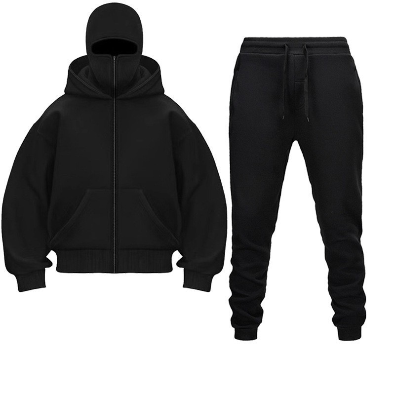 New Cross-Border Style Double-Hooded Zip-Up Hoodie DIY Plain Design Unisex Autumn and Winter Couple's Zip-Up Hoodie and Sweatpants Set D