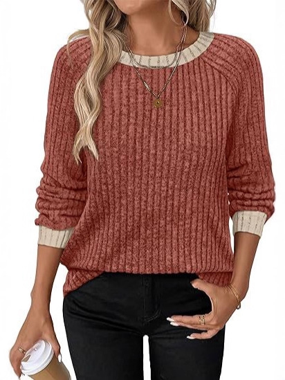 Amazon European and American Women's Clothing Foreign Trade Cross-Border 2025 Autumn and Winter Ribbed Brushed Base Layer Color-Blocked Round Neck Long-Sleeve Top for Women