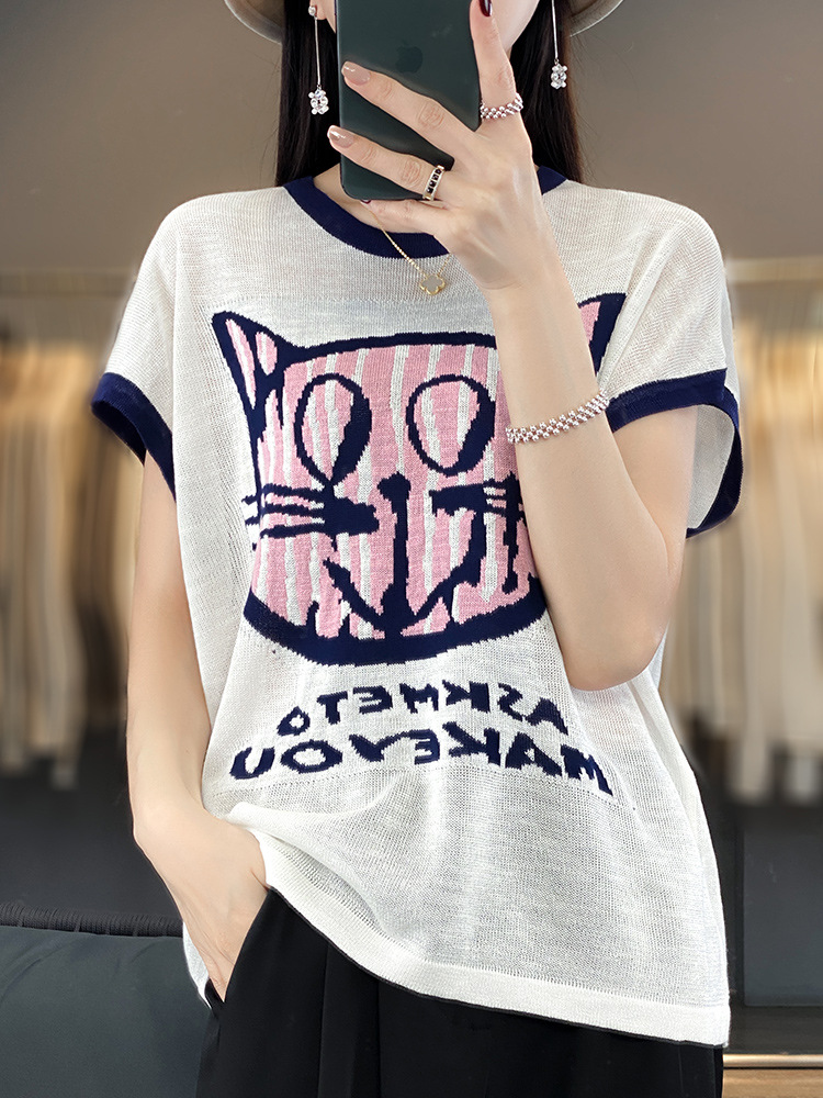 2025 New Summer Cartoon Knitted Short-Sleeved T-Shirt Round Neck Color Matching Loose Slimming Look Bottoming Shirt Top Inner Wear