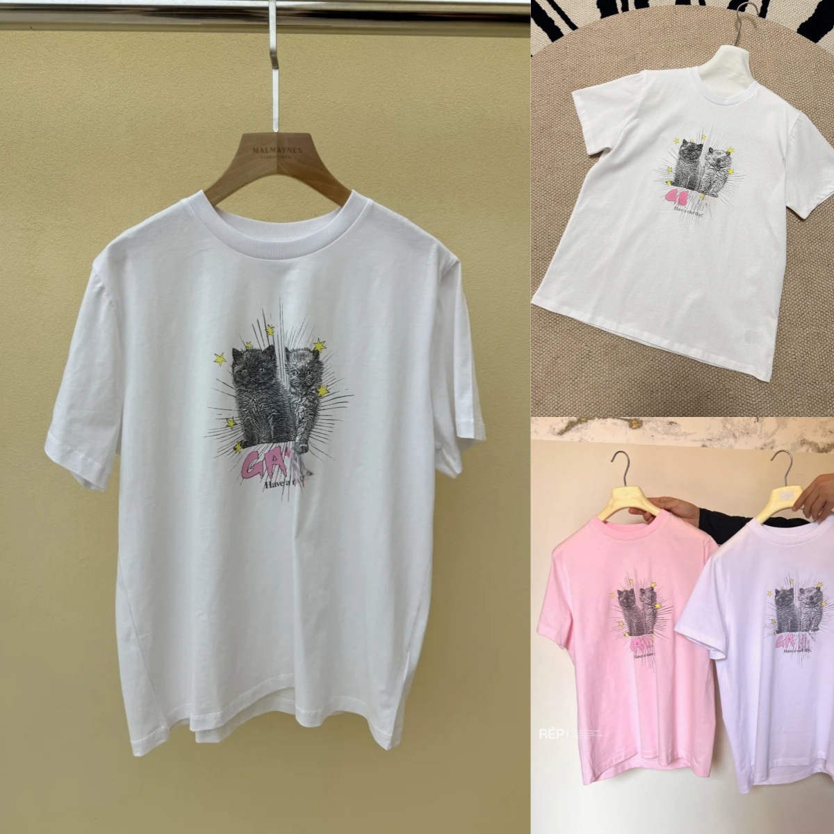 24 New Niche Design Letter Cat Digital Printing Round Neck Loose Cotton Short-sleeved T-shirt White Pink Top