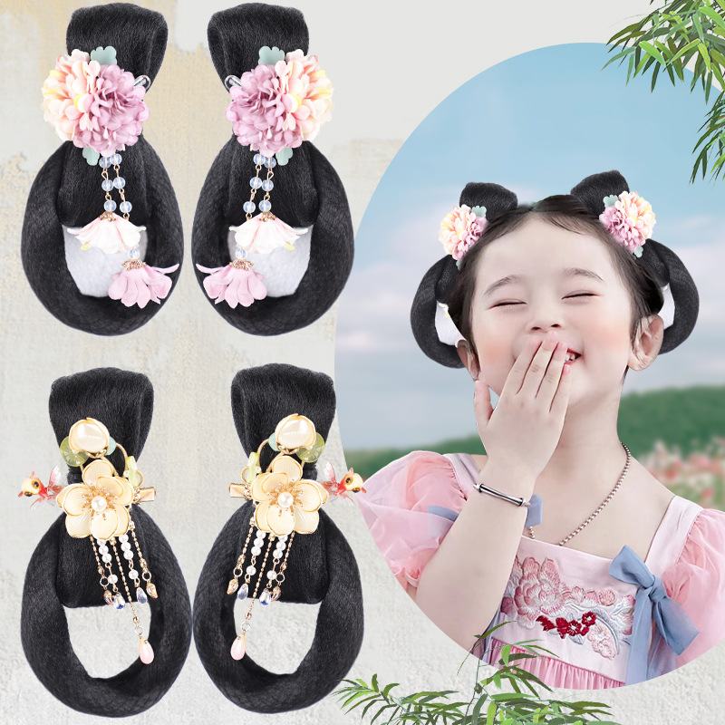 Hanfu wig girls' Chinese style bow bell hair bag headdress updo hair braid Tang style hairstyle children's ancient costume
