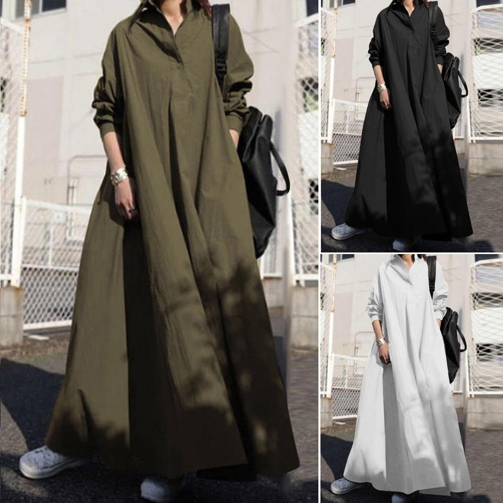Cross-Border Women's Clothing Amazon 2026 New Fashion Loose Retro Ethnic Style Long-Sleeved Cotton and Linen Dress