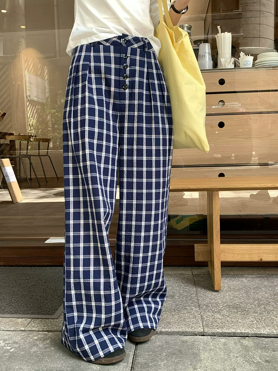 Blue Plaid Casual Pants Women's Lazy Style High Waist Wide Leg Straight Pants Walking Pants Trendy Design Long Pants