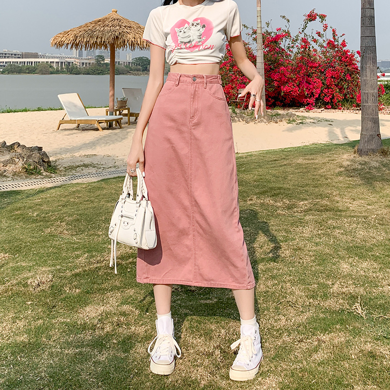 Denim Skirt for Women Spring and Summer Retro A-Line Mid-Length Skirt for Women Spring and Summer Slimming Look Hip-Hugging Skirt Sexy Trendy Dirty Pink