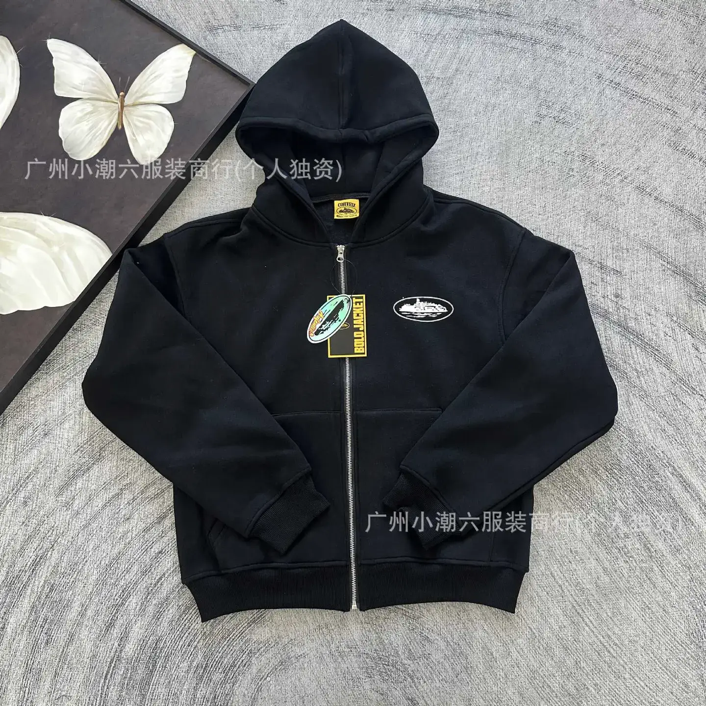 Corteiz American Street Hip-Hop Alcatraz Ship Print Fleece-Lined Zipper Cardigan Hooded Sweatshirt Ins Jacket