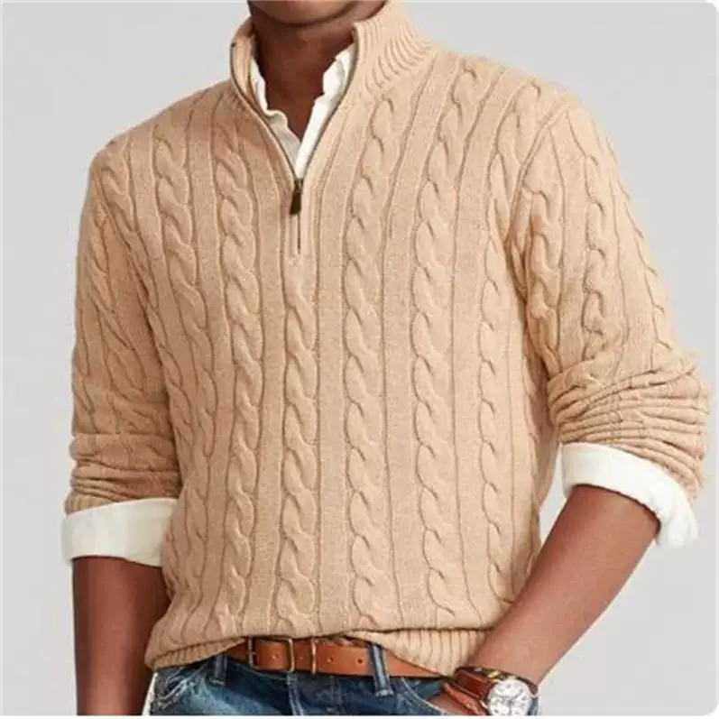 Autumn and winter men's sweater pony logo half zip thickened Fried Dough Twists leisure wool blend stand collar pullover sweater