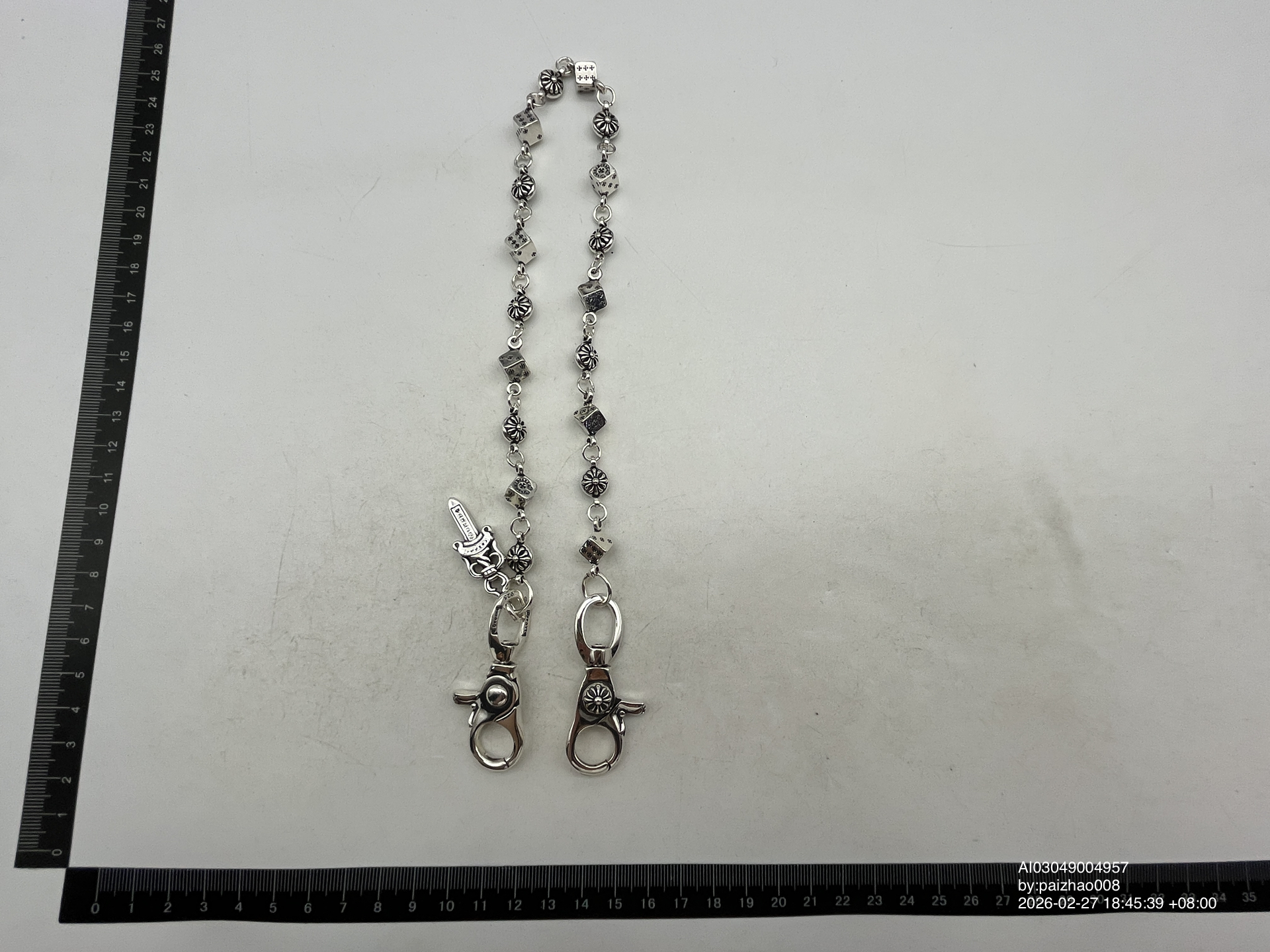 Crook bag hanging chain dice sword bead cross waist chain s925 standard double spring lobster Buckle Head pendant — QC-foto 3