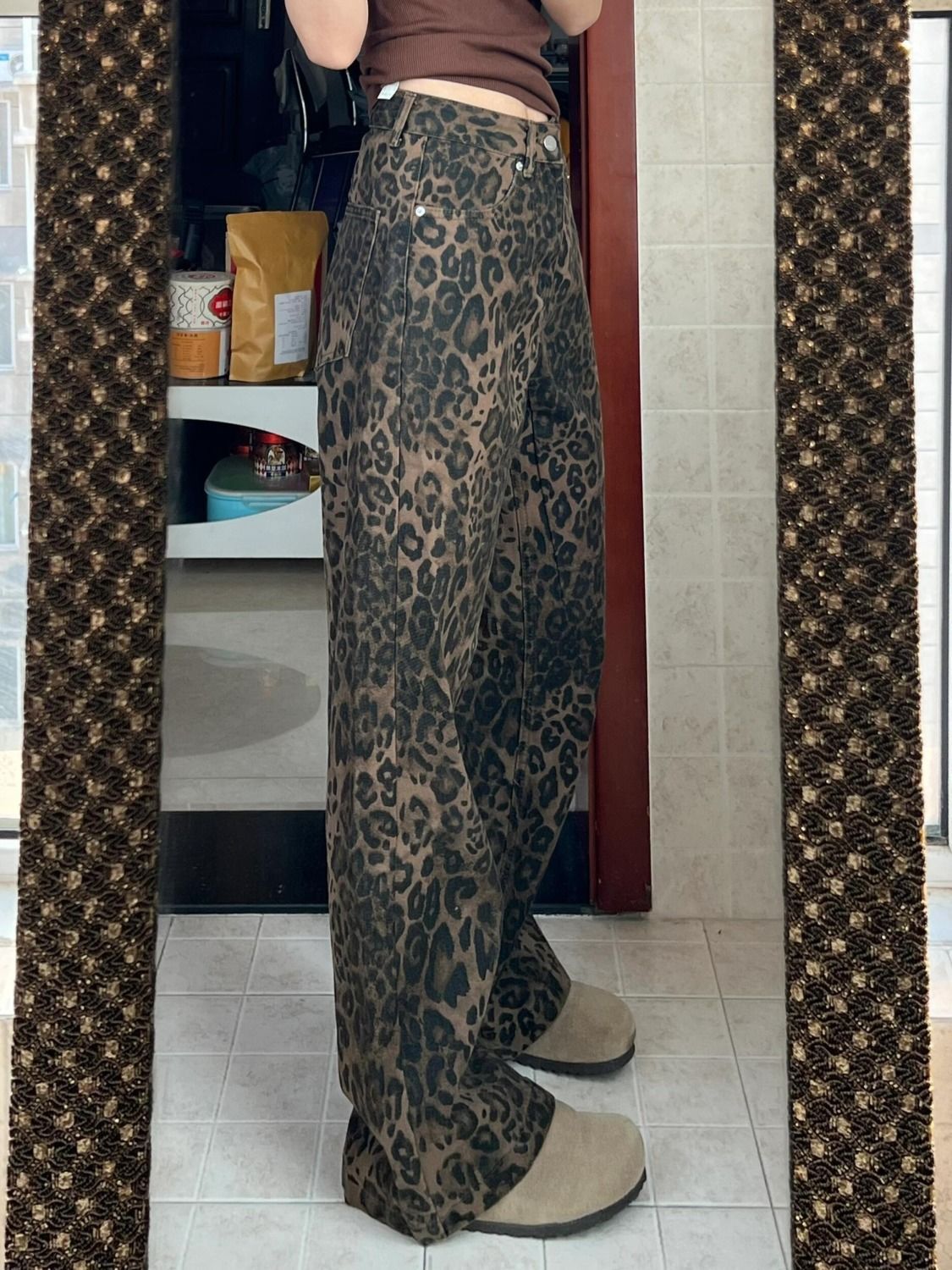 American Retro Leopard Print Wide-Leg Jeans 2026 Spring and Autumn New High-Waisted Straight-Leg Design Slimming Floor-Length Pants