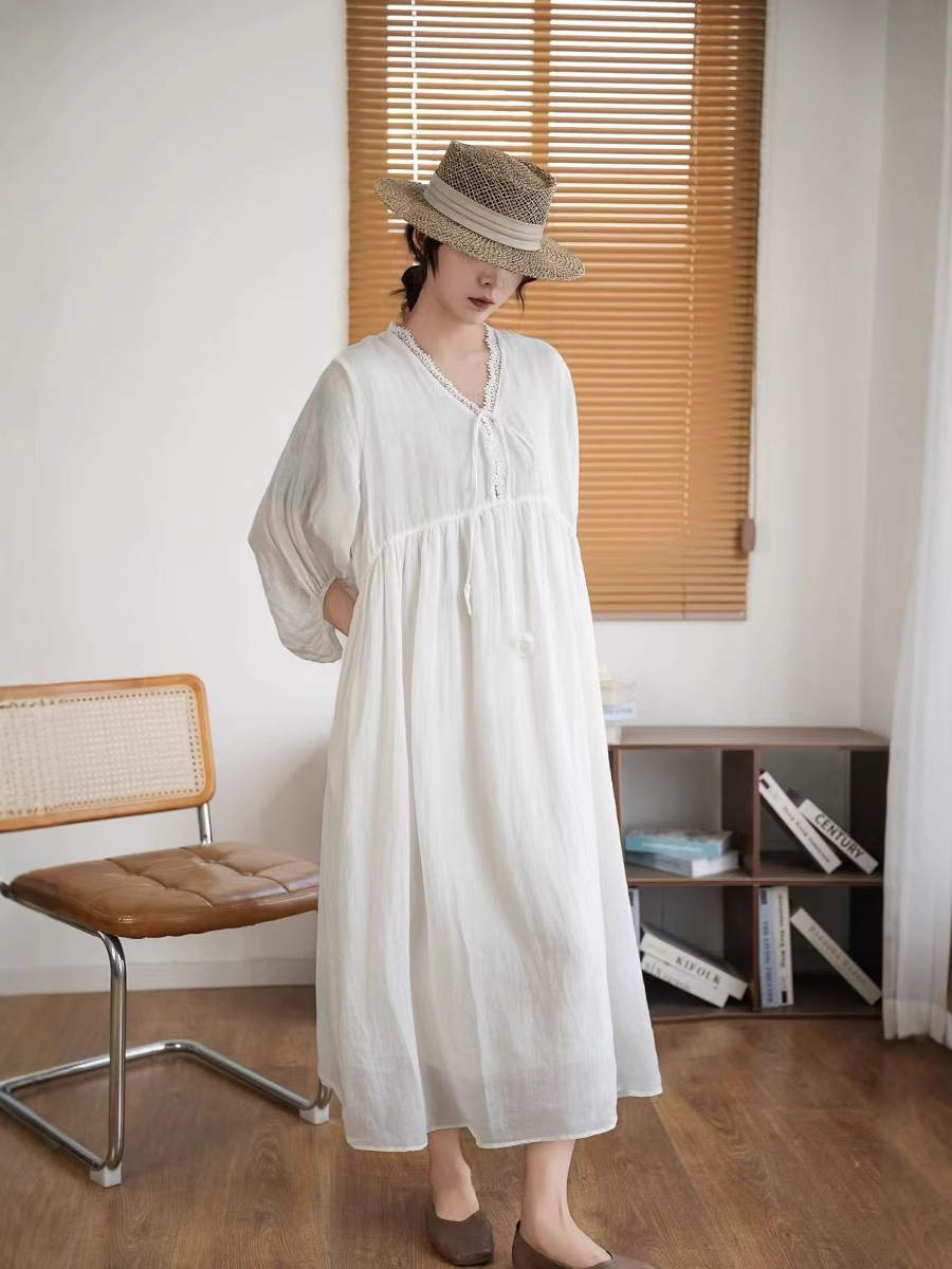2025 New Product Fresh Ramie Embroider V Neck Three-Quarter Sleeve Half-Lined Dress Women's Lace Edge Ready for Summer