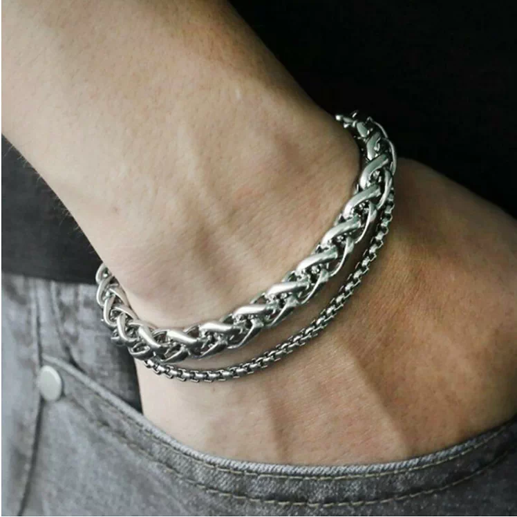 Ins niche design titanium steel woven bracelet retro cool style men's trendy brand light luxury double chain jewelry