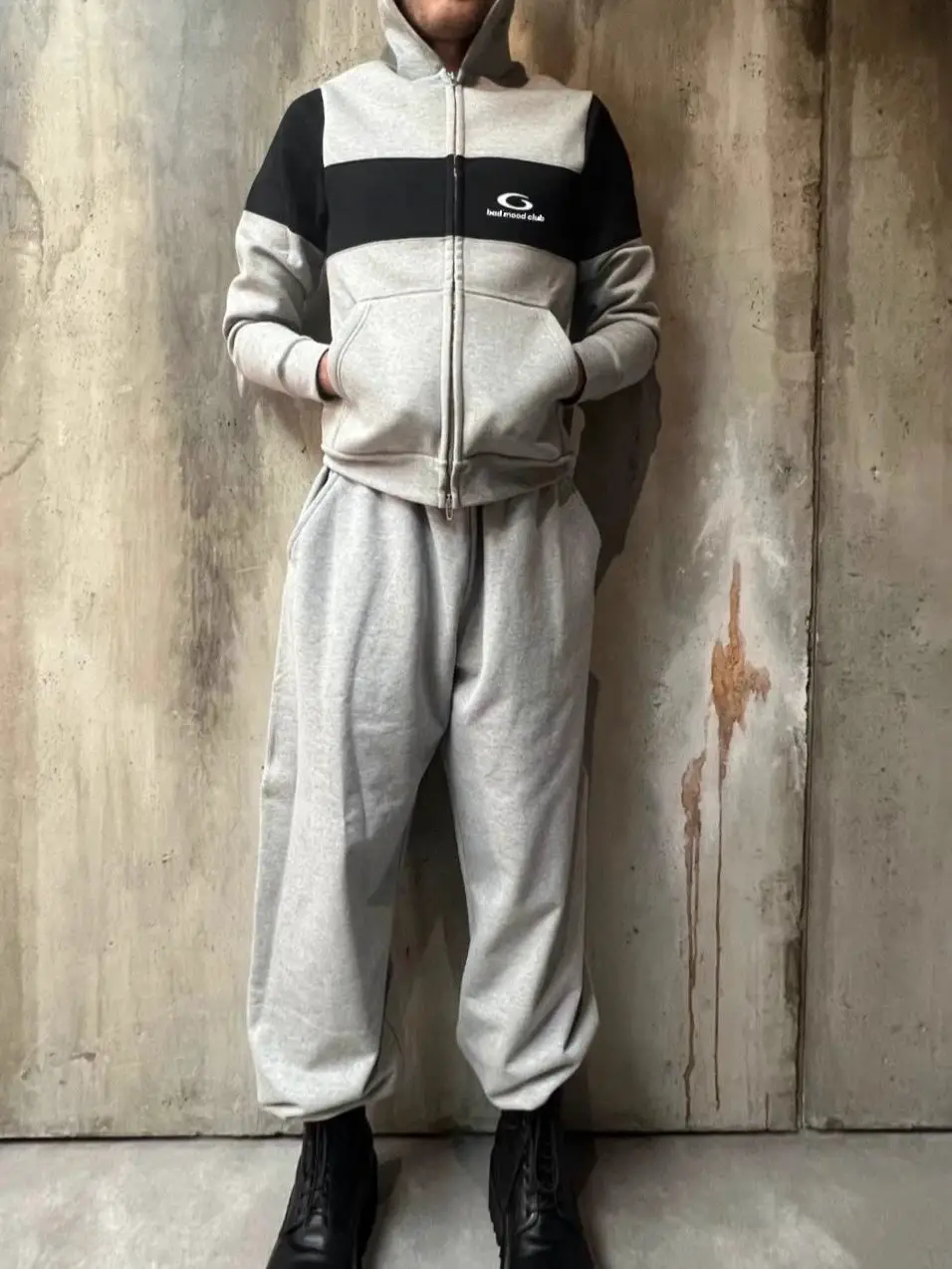 Bmc Show Black and Gray Splicing Loop Embroidered Sports Zipper Sweatshirt Fitted Slim Fit Space Cotton Jacket
