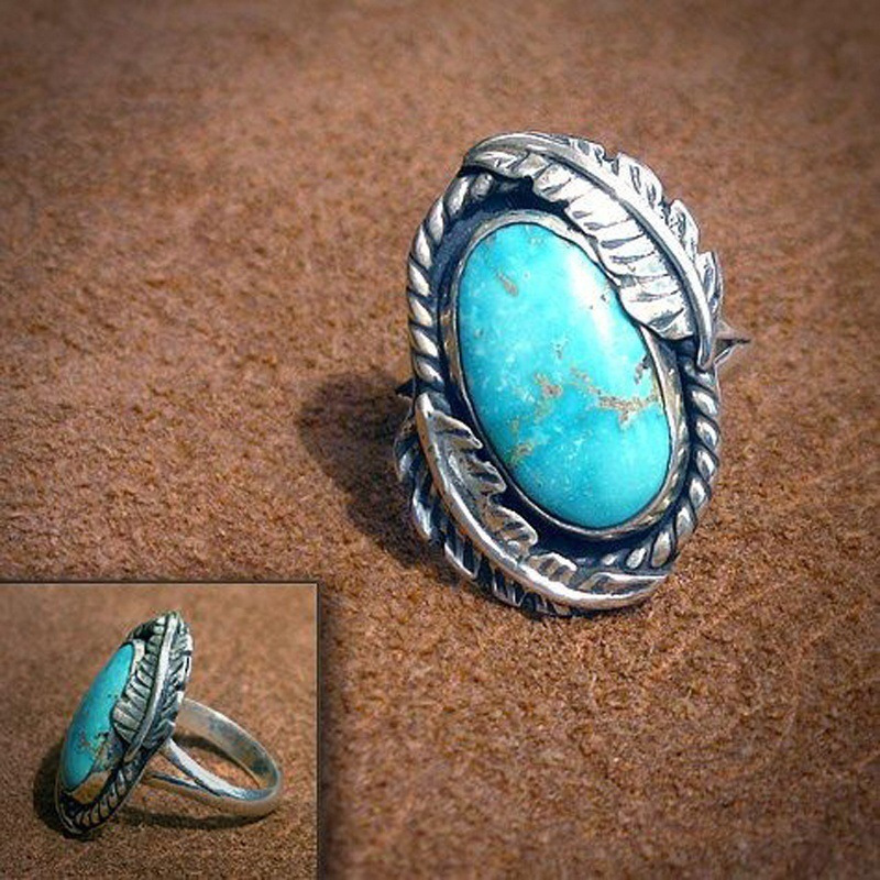 Longrui Cross-Border Hot-Selling European and American Jewelry Retro Feather Exotic Blue Turquoise Ring Factory Direct Sale