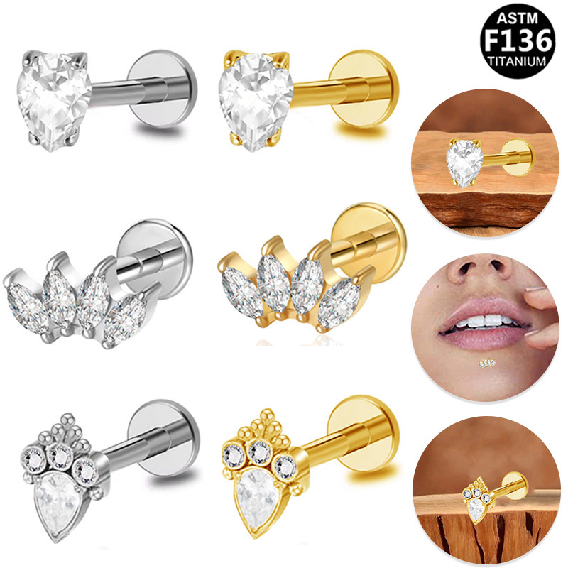 Gabe Europe and the United States cross-border F136 titanium earrings water droplets horse eye zircon internal thread lip nails crown new lip nails