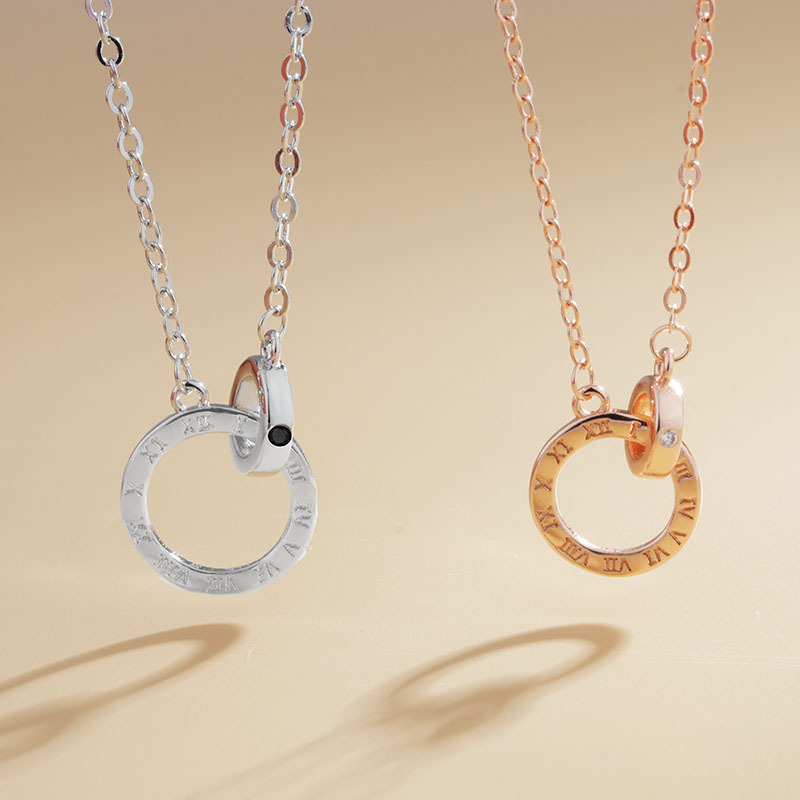Fashion Imprint Couple Necklace Pair Student Trendy Roman Numerals Pendant Fashion Geometric Ring Interlocking Necklace
