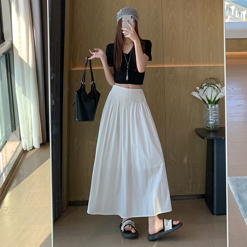 White Elastic Waist Pleated Skirt for Women, Slimming Casual Umbrella Skirt, Large Hem Skirt, Mid-Length Skirt, New Summer Style