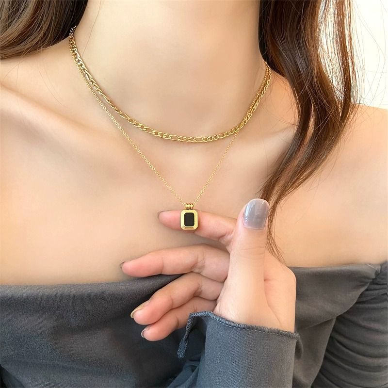European and American Fashion Roman Black Square Double Layer Stacked Titanium Steel Necklace Chain Autumn and Winter Sweater Knitted Sweater with Accessories