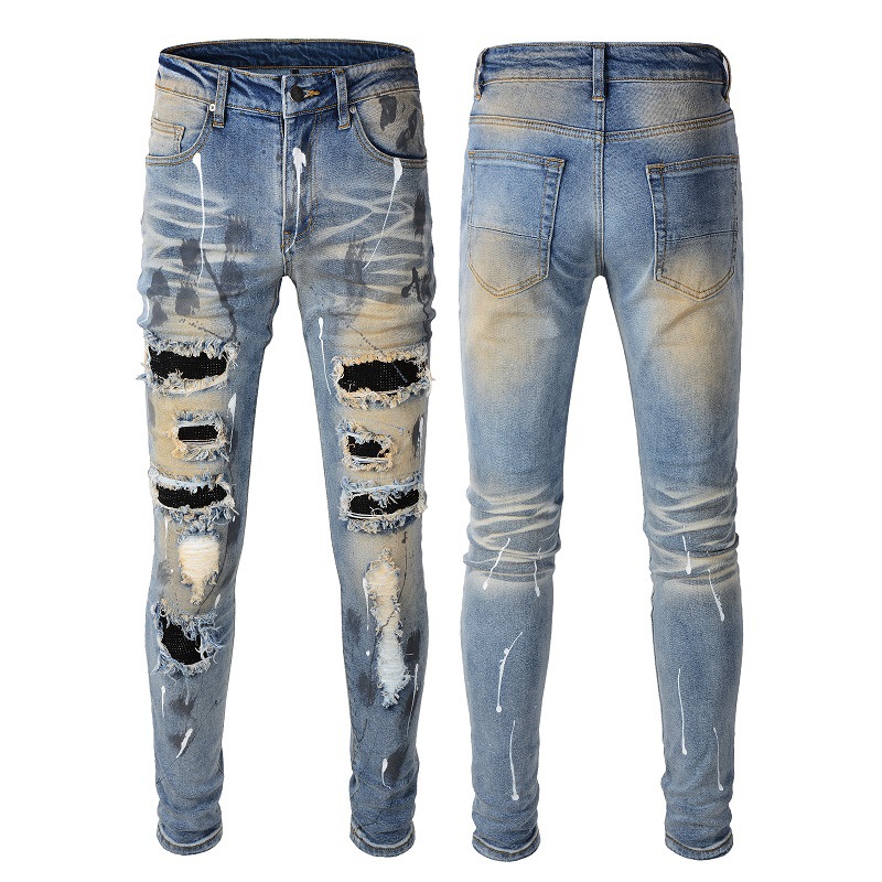 European and American Trendy Brand Distressed Retro Hot Diamond Splash-Ink Patch Elastic Slim Fashion Versatile Small-Foot Jeans 523