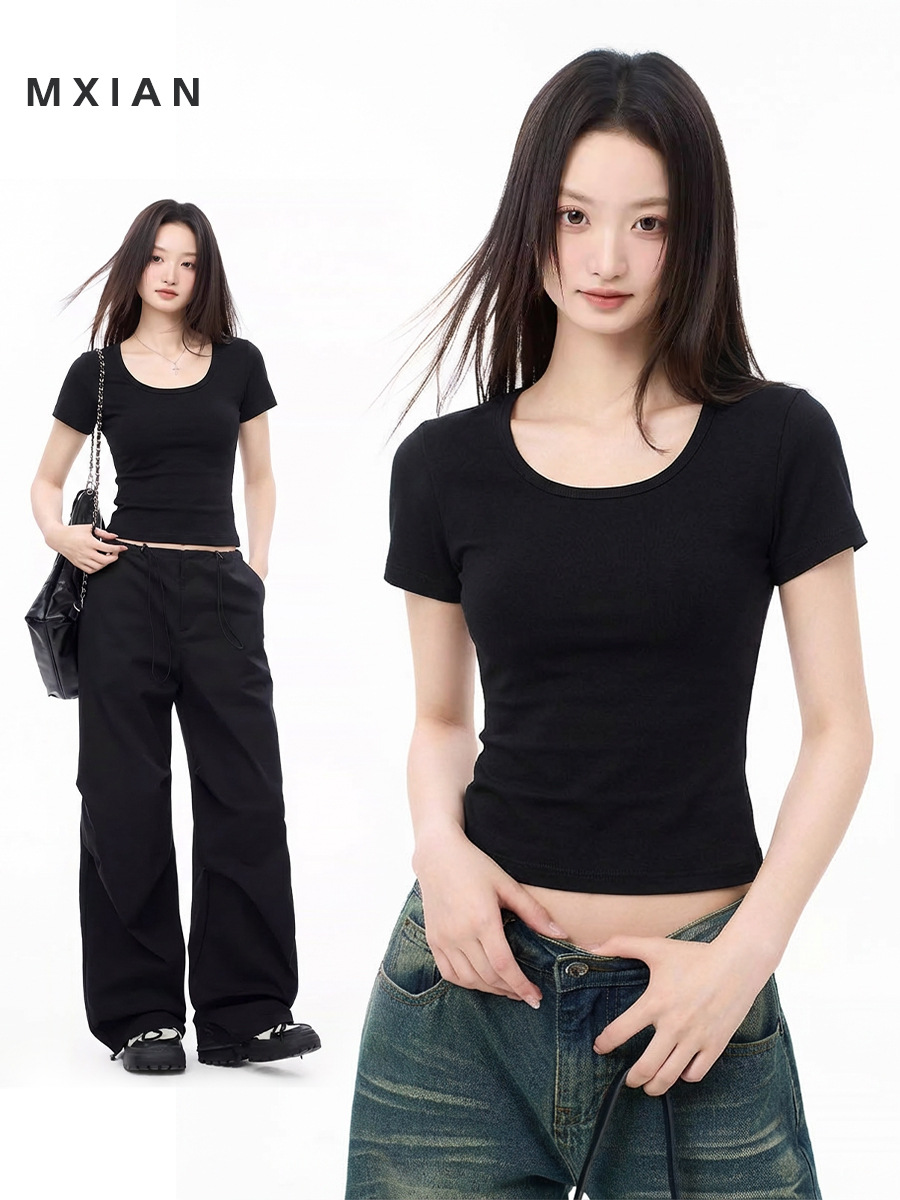 U-Neck Short-Sleeve Low-Cut Ribbed Base Shirt, Summer Large Neckline, Discreetly Enhances Bust, Tight-Fitting Top, French-Style Women's T-Shirt