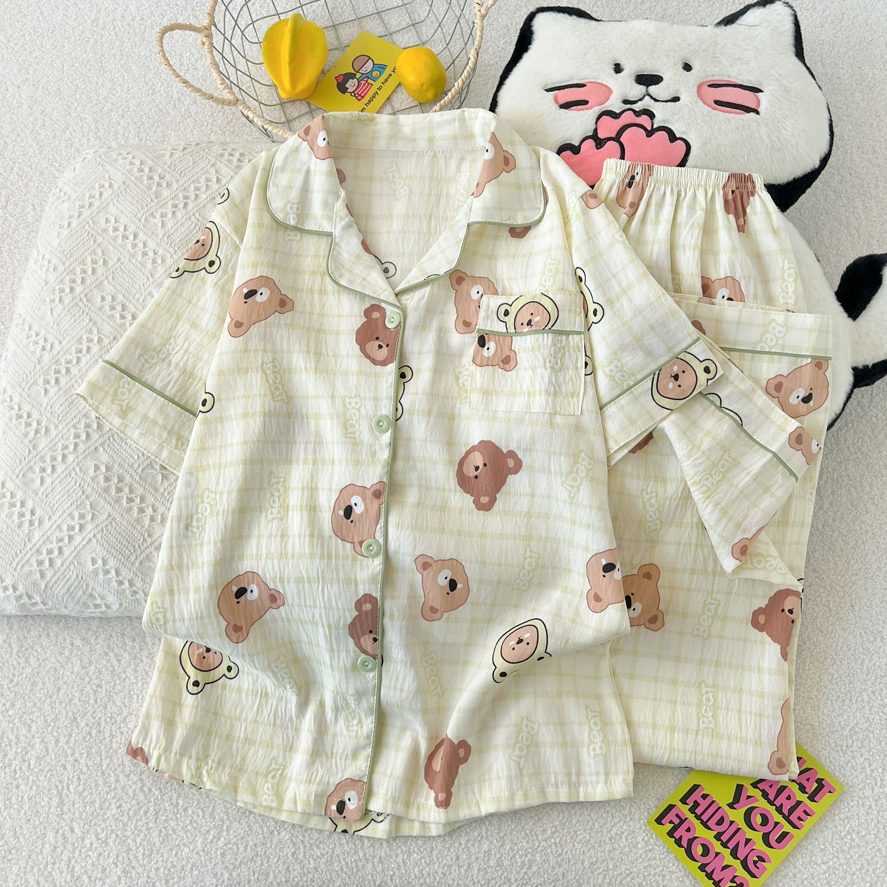 Japanese-Style Ins Cartoon Bear Pajamas for Women, Spring and Summer Dormitory Short-Sleeve Long-Pants Cloud Cotton Home Wear Three-Piece Set