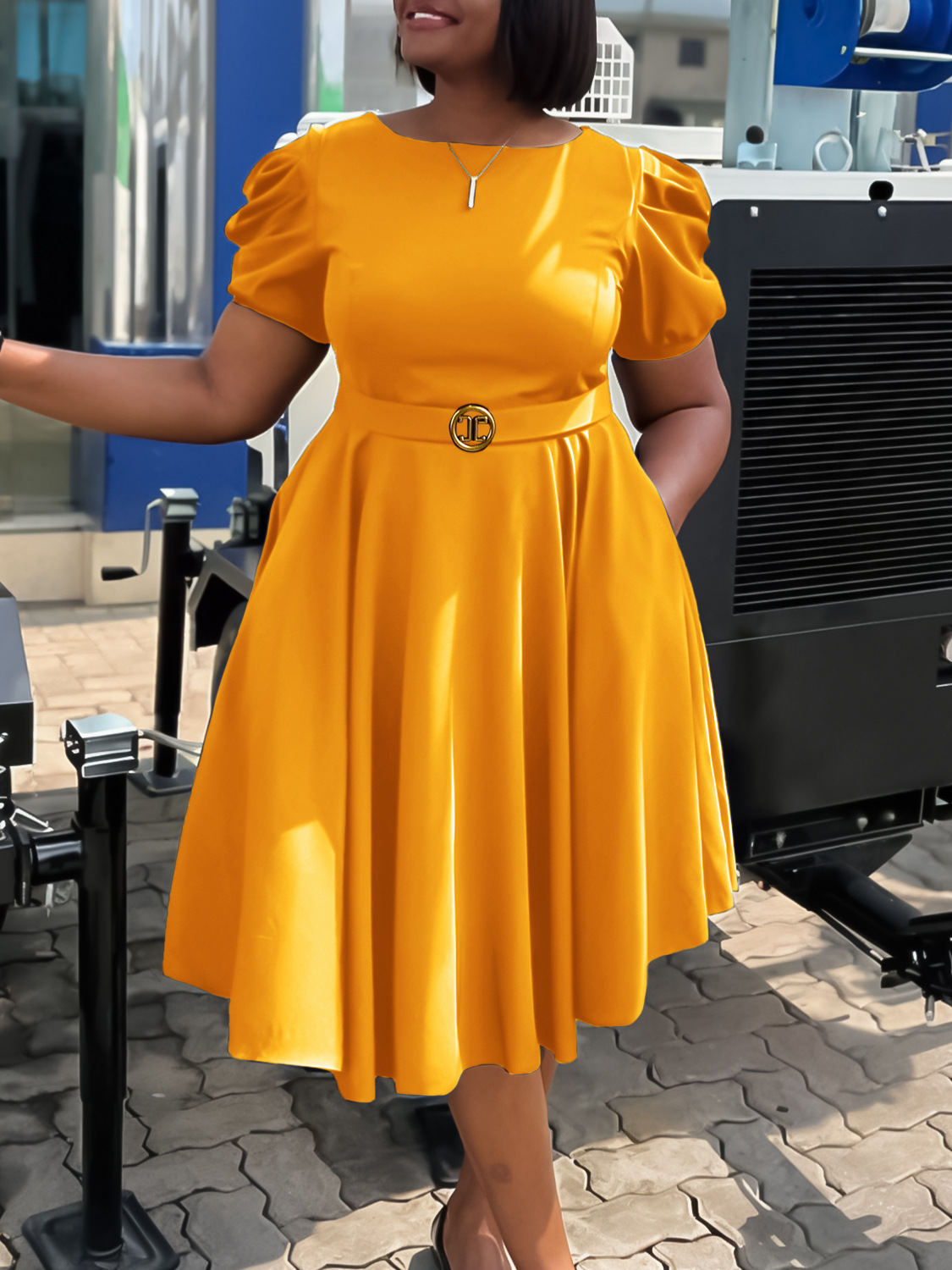 C8601 Cross-border Women's Clothing European and American Amazon Crewneck Elegant Elegant Tight Waist Large Puff Sleeve A- shaped dress