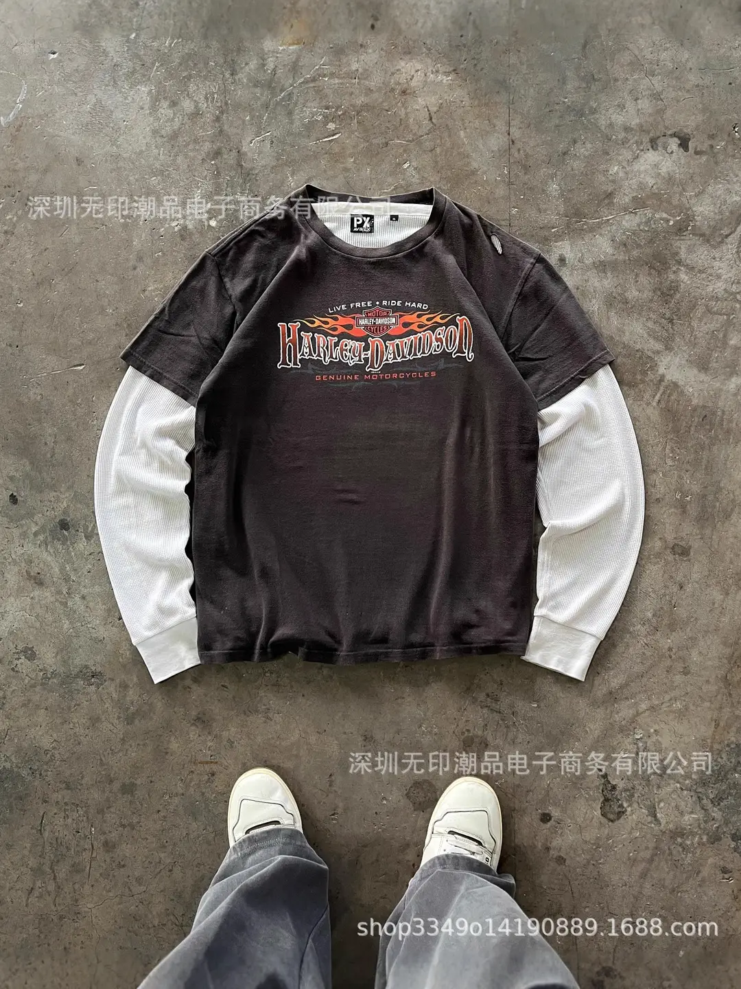 American Street Retro Style Stereo Flame Letter Print Pattern Men's and Women's Autum Waffle Fake 2-Piece Tops