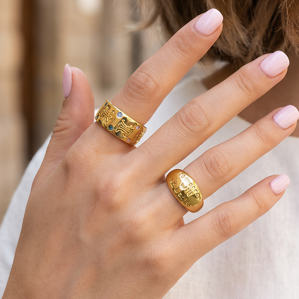 European and American Ring Women's Niche High-grade Light Luxury Copper Gold Plated Zircon All-match Adjustable Opening English Symbol Ring