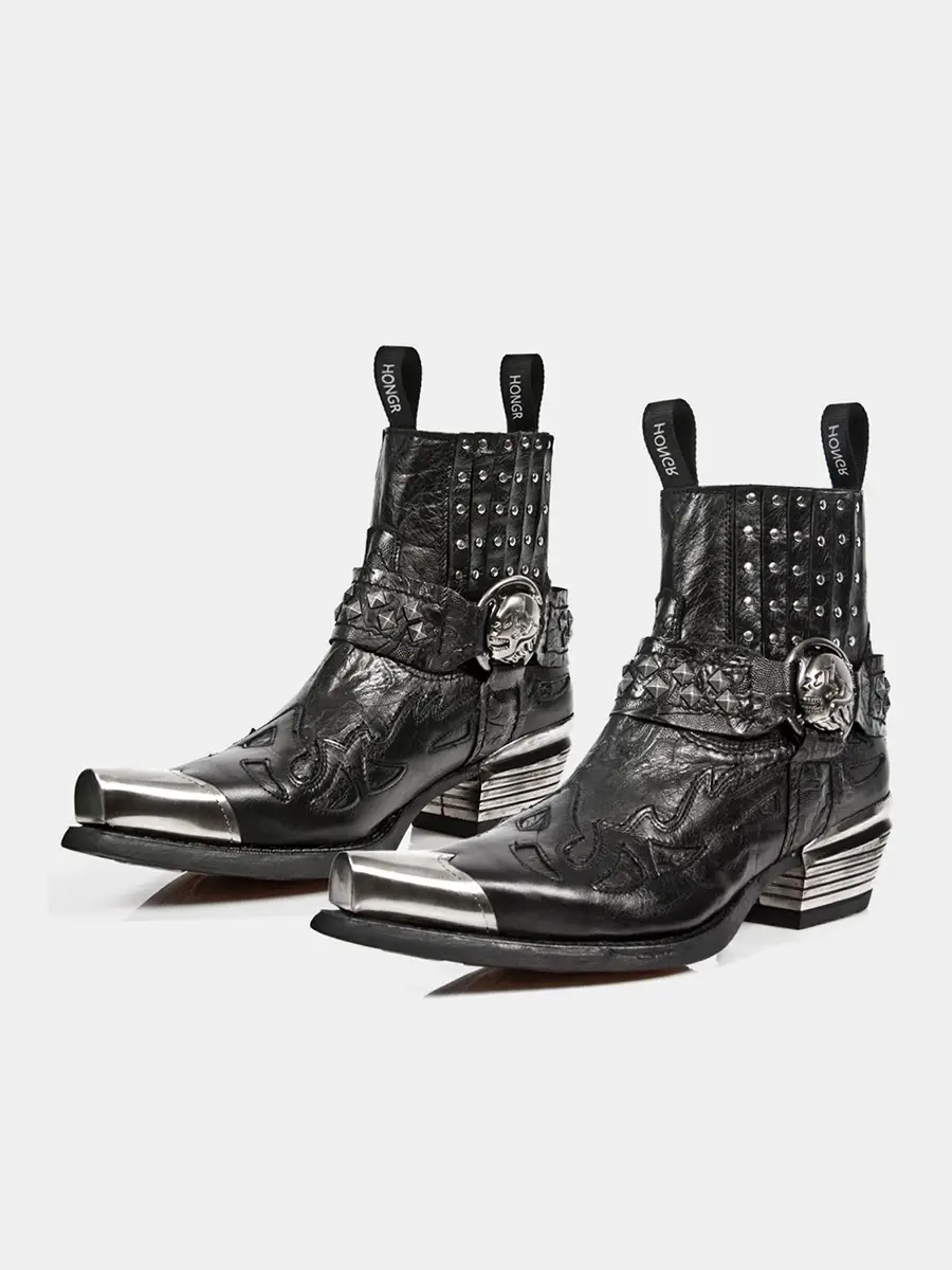 Western cowboy boots women vintage metal boots niche design sense men's shoes tide riding shoes heightened Chelsea boots
