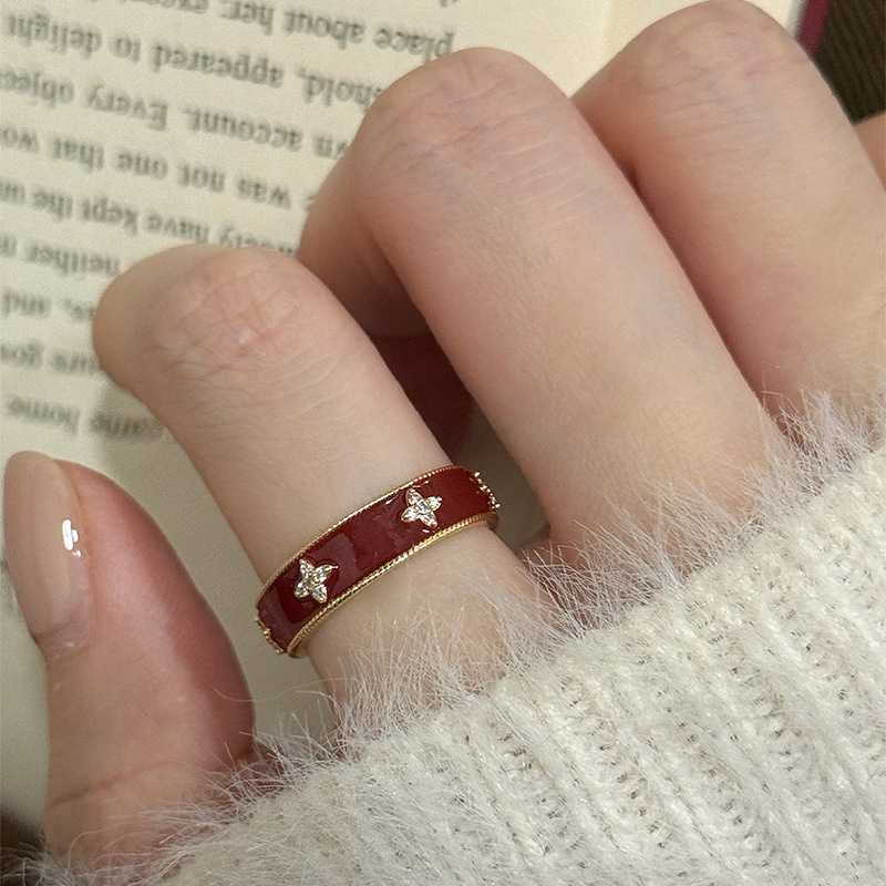 Zircon Oil-Drip Flower Vintage Open Ring, Fashionable and Simple with a High-End Feel, Index Finger Ring, Niche Style, Versatile Hand Accessory