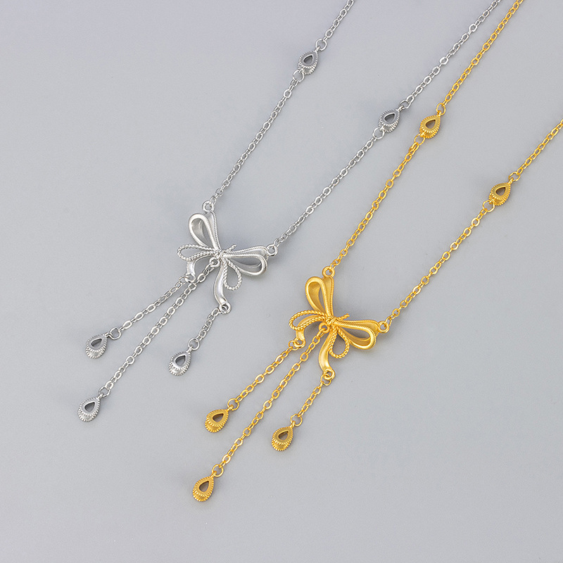 New Ribbon Bow Tassel Necklace Fugitive Princess Female Exquisite Versatile Fairy Accessories Light Luxury Pendant