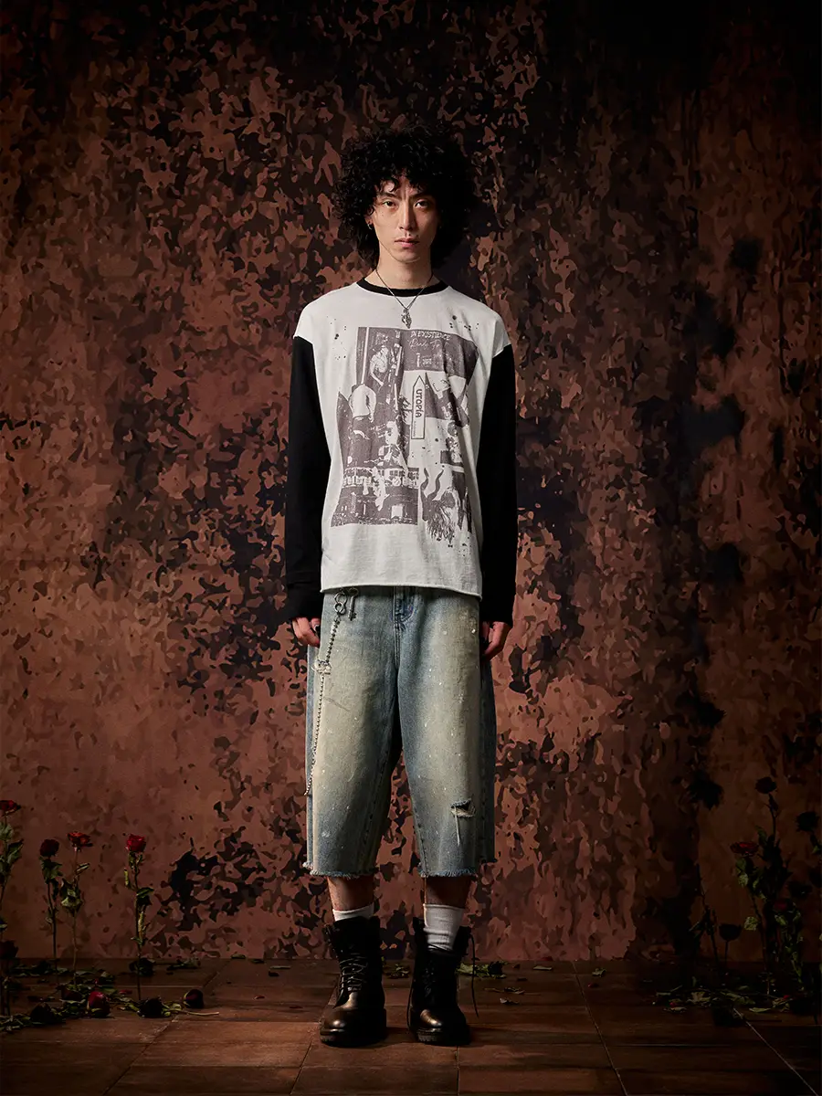 In Existence 24Ss Splash-Ink Denim Three-Point Dirty Wash Mud Dye Damage shorts Men's and Women's Denim shorts