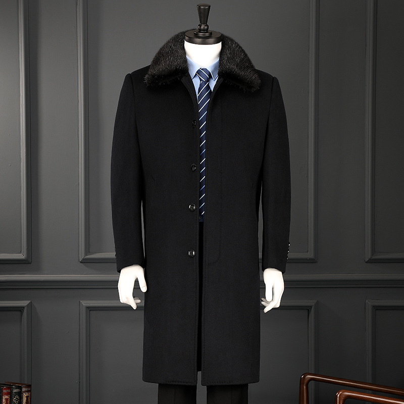 Brand Cashmere Coat Men's Middle and Long Dad's Wool Coat Casual Warm Middle-aged and Elderly Wrasse Rabbit Fur Collar Coat Winter