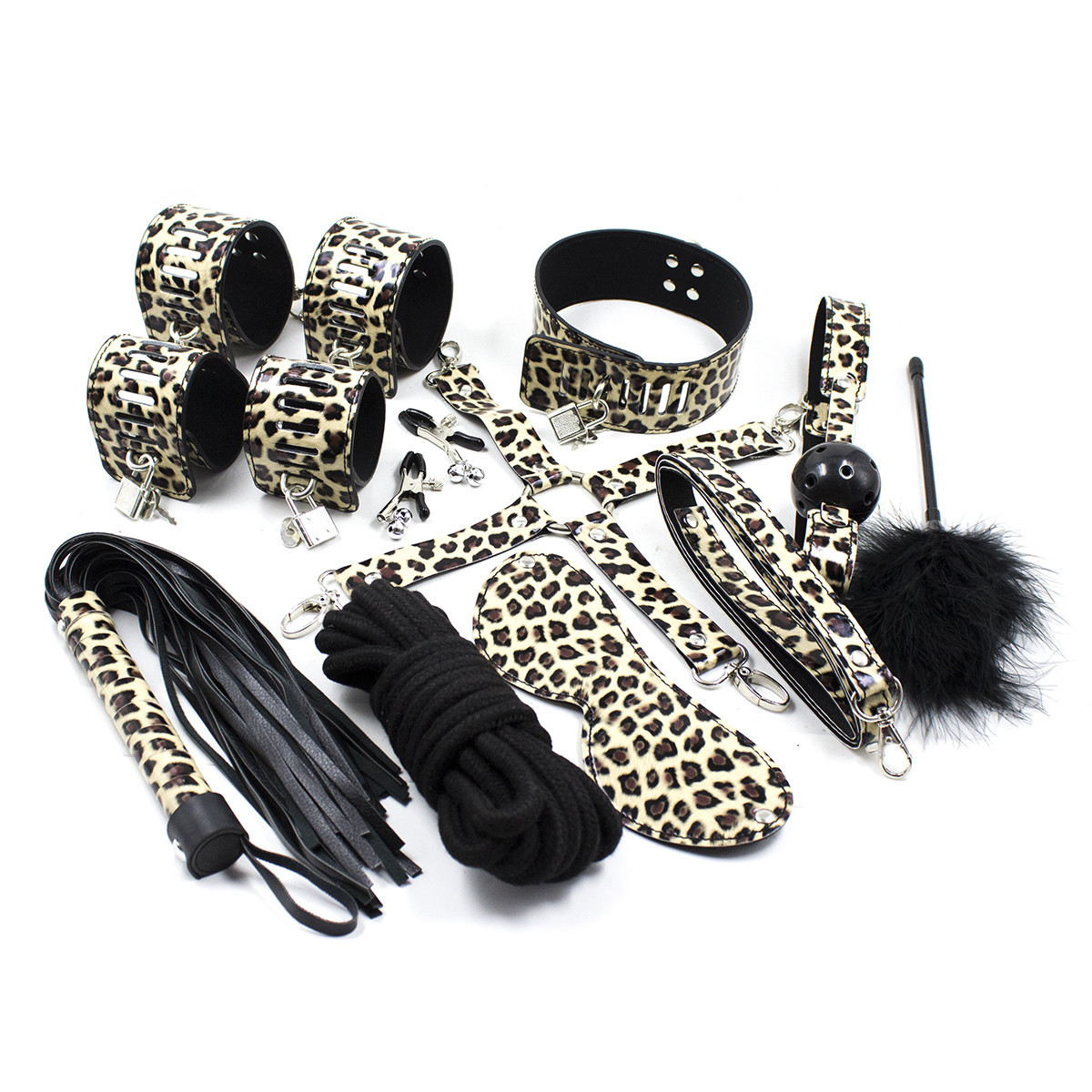 Flirting sm leopard print restraint toy Silver Bell leather 10-piece set fun pu restraint ten-piece set manufacturer generation