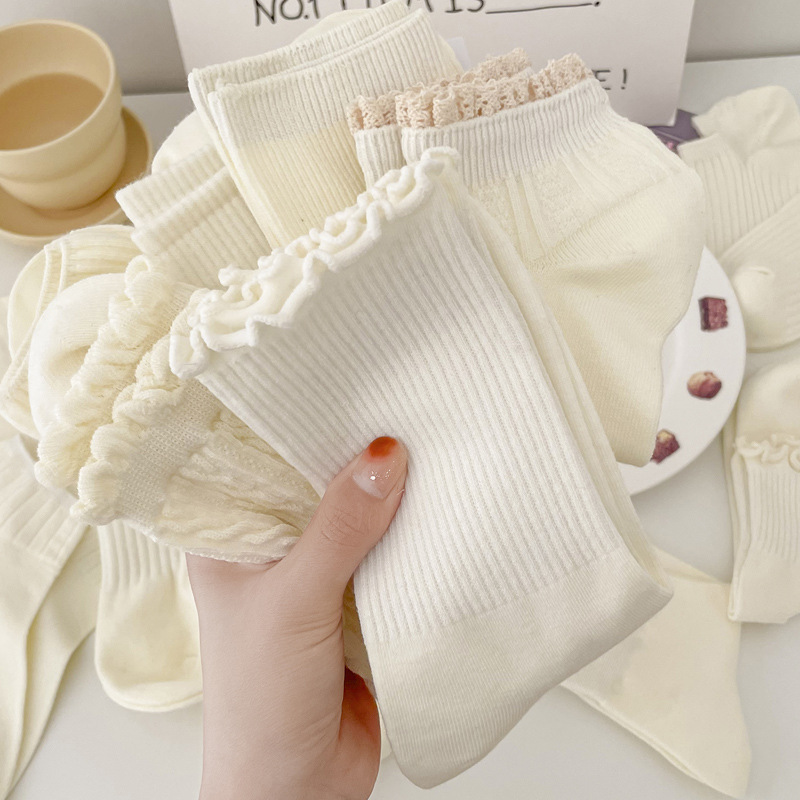 Women's Summer Cotton Socks, Solid Color Mid-Calf Socks, Lolita Cream Slouch Socks, Short Lace Socks, Loafers Socks