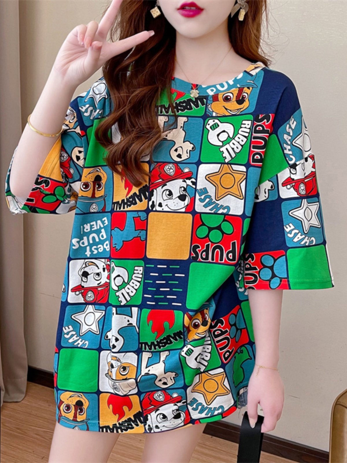 2026 Spring and Summer New Cartoon Print Short-Sleeved T-Shirt Plus Size Women's Ins Loose Slimming Look Versatile Mid-Length Top