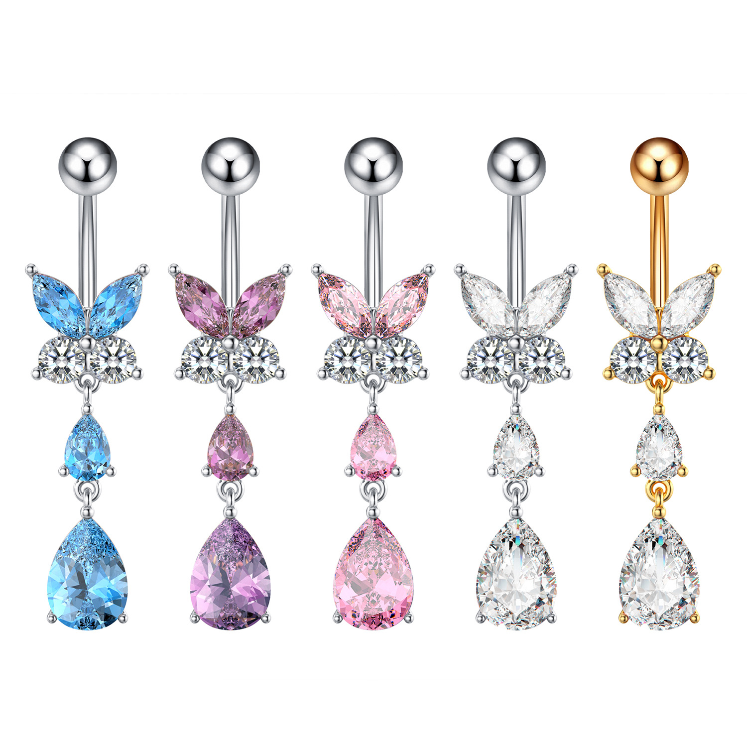 Factory direct cross-border e-commerce best selling new zircon belly button nail butterfly zircon water droplets belly button ring puncture jewelry