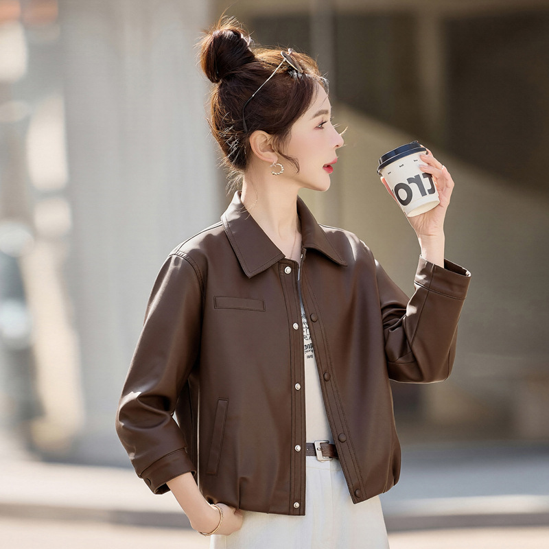 Women's Short Leather Jacket 2026 Spring New Style Loose Fit Slimming Short Casual Turn-Down Collar Pu Leather Jacket