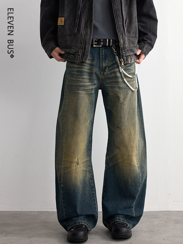 American High Street Jeans for Men, New Spring and Autumn Style, Loose Straight-Leg Pants, Washed and Vintage-Style, Slightly Flared Pants