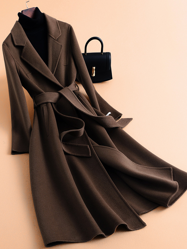 Double-Sided Woolen Coat with Cashmere, New Autumn and Winter Hepburn Style Long Lace-Up Elegant Slim Woolen Coat Jacket