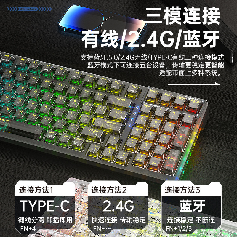 Wolf Spider F98Pro Customized Mechanical Keyboard Transparent Three-Mode Wireless Bluetooth Hot-Swappable Gaming Wired