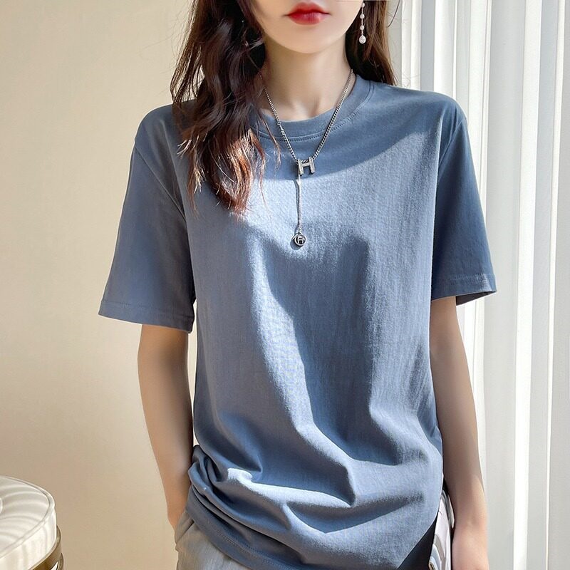 Cotton Short-Sleeved T-Shirt for Women Summer 2026 New Unisex Loose White Round Neck T-Shirt Solid Color Base Top Trendy