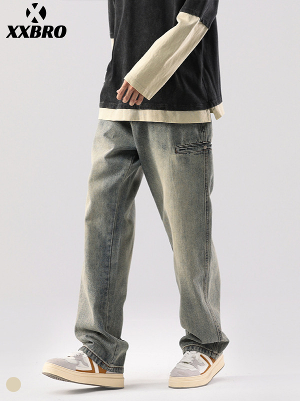 Muxi Clothing # Washed Vintage Men's Jeans with a Stylish Design, Straight Loose Fit, Versatile Trendy Straight-Leg Pants.
