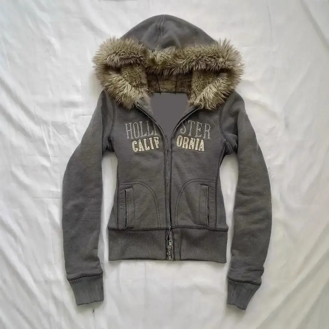 Y2g American Retro Vintage Mid-Ancient Embroider Letter Hooded Sweatshirt Female Winter Cardigan Coat Top Wool