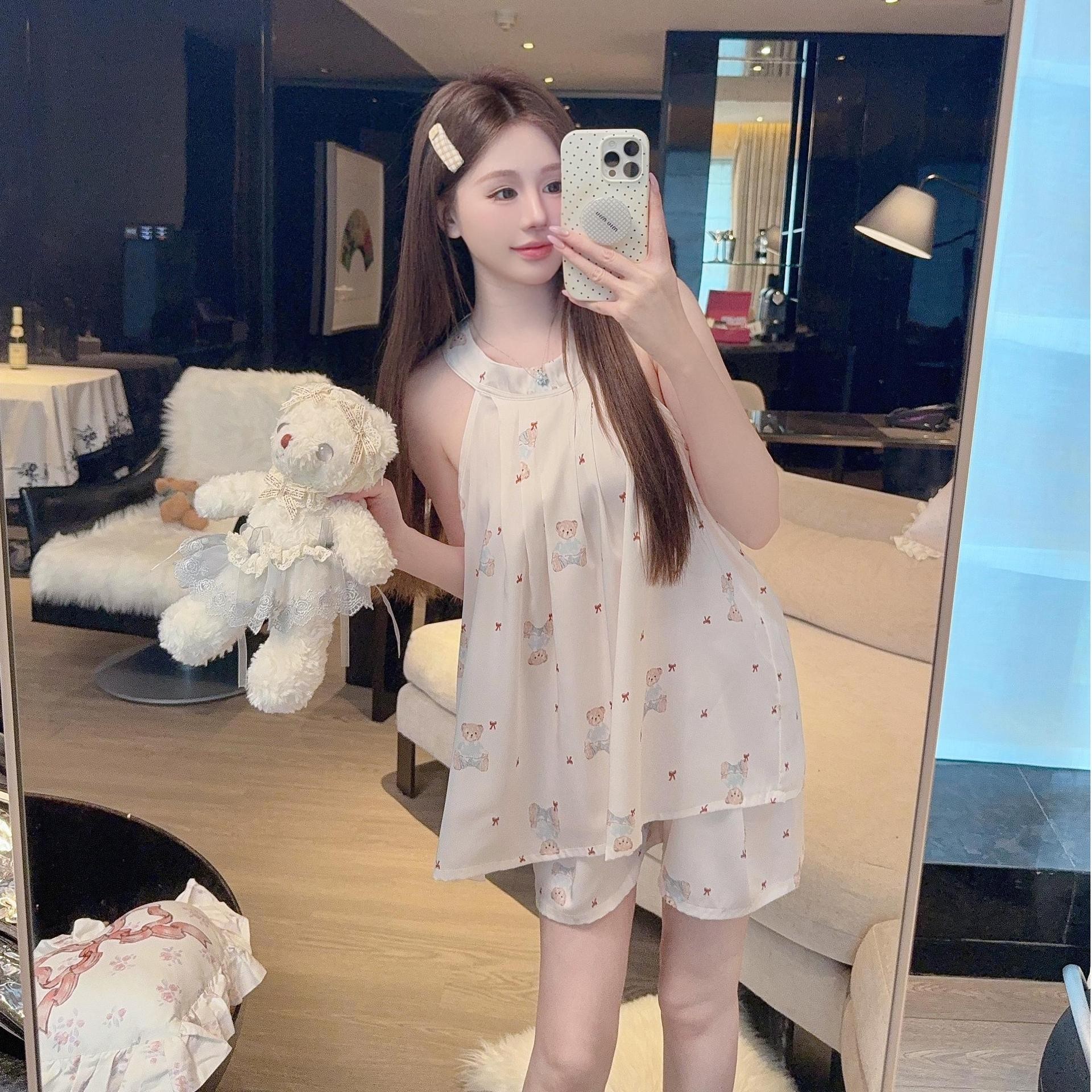 【Little Bear Cake Sauce】Sexy Ice Silk Pajamas for Women 2025 New Summer Pure Desire High-End Cartoon Halter Neck