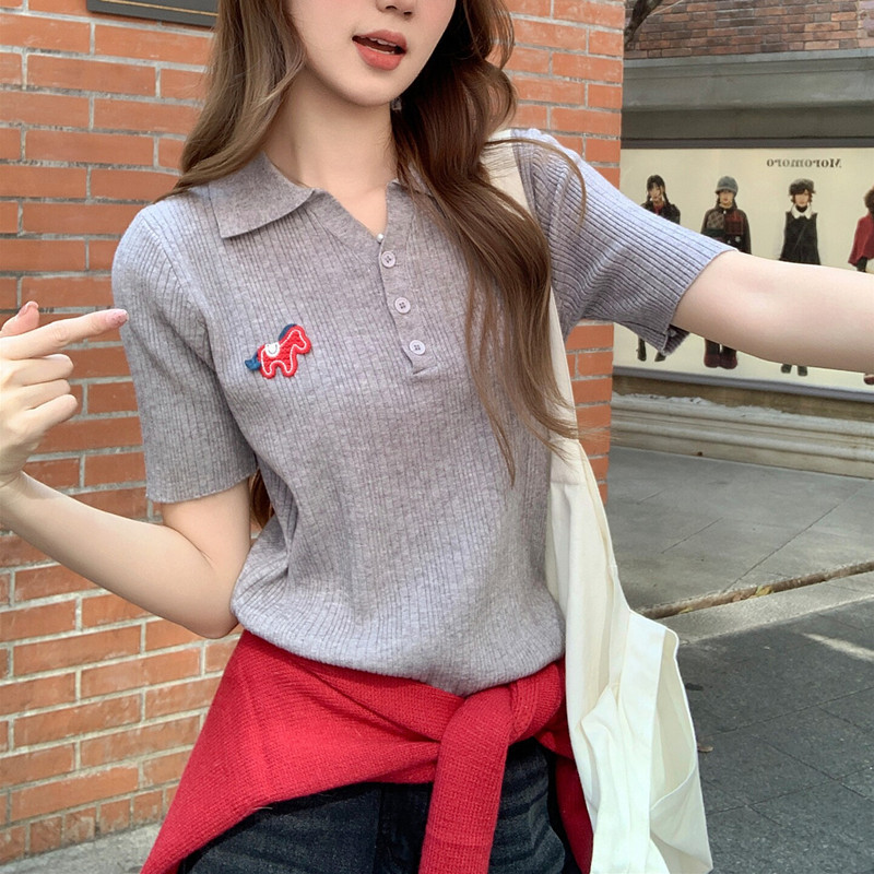 Age-Reducing College Style Polo Shirt with Buttons, Knitted Short-Sleeve Women's Spring Outfit 2026 Summer Regular Shoulder T-Shirt with Texture