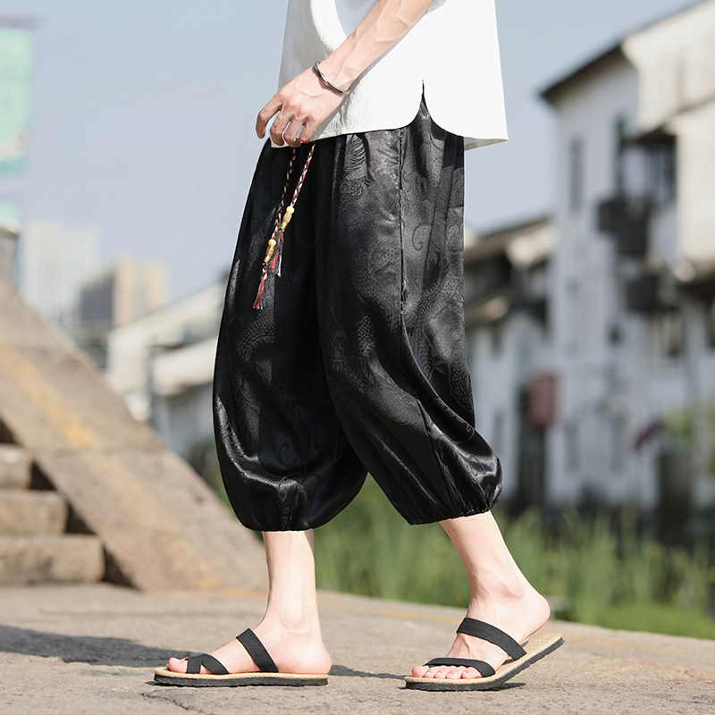 Dragon Pattern Dark Floral Ice Silk Wide-Leg Cropped Pants for Men and Women, Loose Chinese Style, Large Size, Drapey, Breathable, Quick-Dry Beach Pants