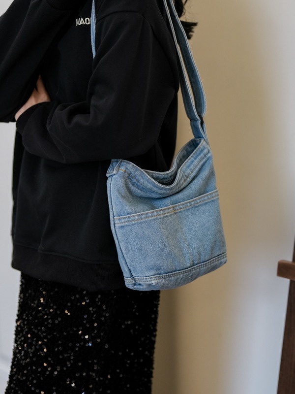 New Korean Style Ins Washed Denim Bucket Bag Female Student Shoulder Bag Trendy All-match Mobile Phone Crossbody Bag