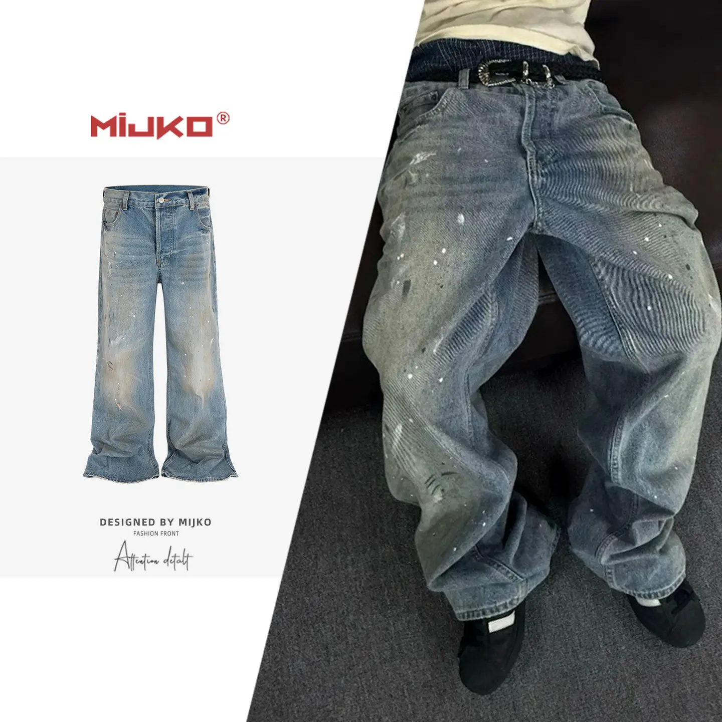 MIJKO Men's Wear Women's Washed Old Splash Paint Embellished Trousers Men's and Women's Slimp Wide Foot Street Fashionable Jeans